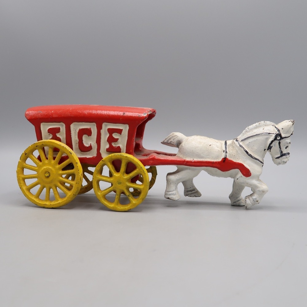 Cast Iron White Horse Drawn ICE Wagon Red Toy Vintage 7 inch Buggy USA